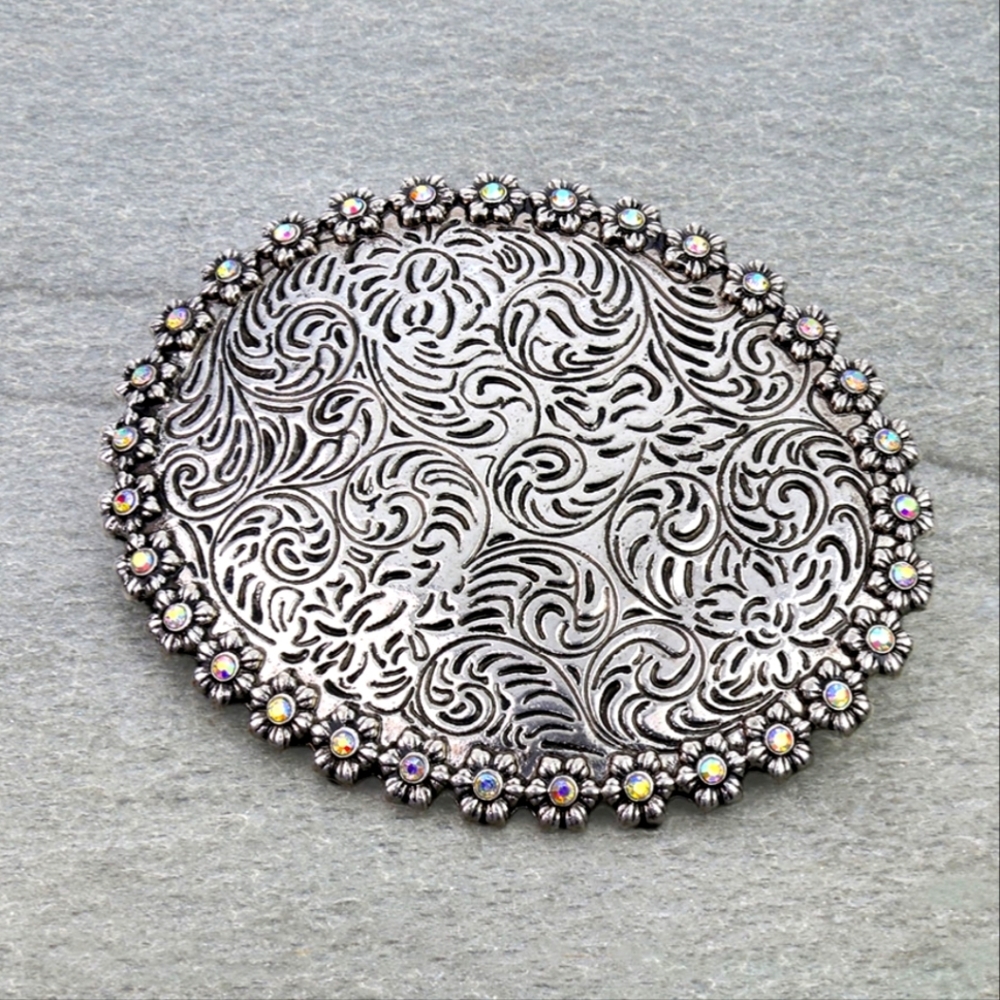 NWT Western Silver Floral Rhinestone Belt Buckle